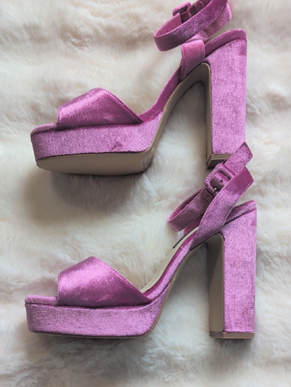 French Connection Plum-Pink Velvet Vegan Suede Platform Ankle-Strap Heels